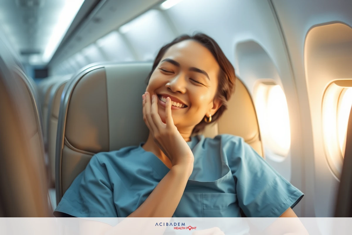 The image shows a smiling woman, wearing light blue scrubs, seated in an airplane seat. Her face is lit with a joyful expression. The surrounding environment suggests she is on board a plane, indicated by the window beside her and the rows of seats visible.