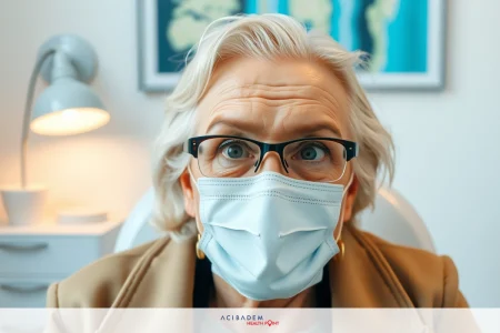 The image features a woman wearing glasses and a face mask, sitting in what appears to be a medical office. Her eyes are wide open with an expression of surprise or shock.
