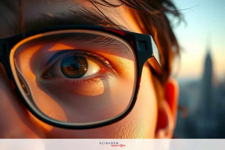 A young adult wearing glasses looks directly at the camera. The image has a blurred cityscape in the background with a sunset, emphasizing a focus on the person's face and the warm colors of the sunset.