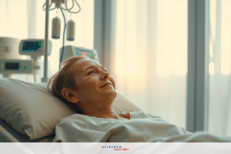 How to Recover After Rhinoplasty Woman in hospital bed with medical equipment and sunlight streaming in, smiling and looking up.