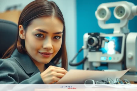 In the image, there is a woman sitting at a desk in an office setting. She appears to be focused on her work.