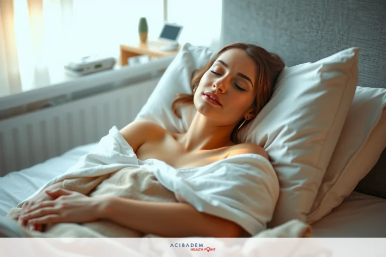 Sleeping woman in a cozy bedroom. She is lying on her stomach with hands placed under the pillows, suggesting relaxation or sleep.