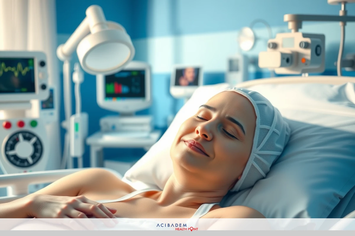 The image shows a woman lying in a hospital bed, smiling and seemingly content. She has various medical equipment around her, including monitors and cords. The environment suggests she's in an intensive care unit or a high dependency unit due to the amount of equipment present.