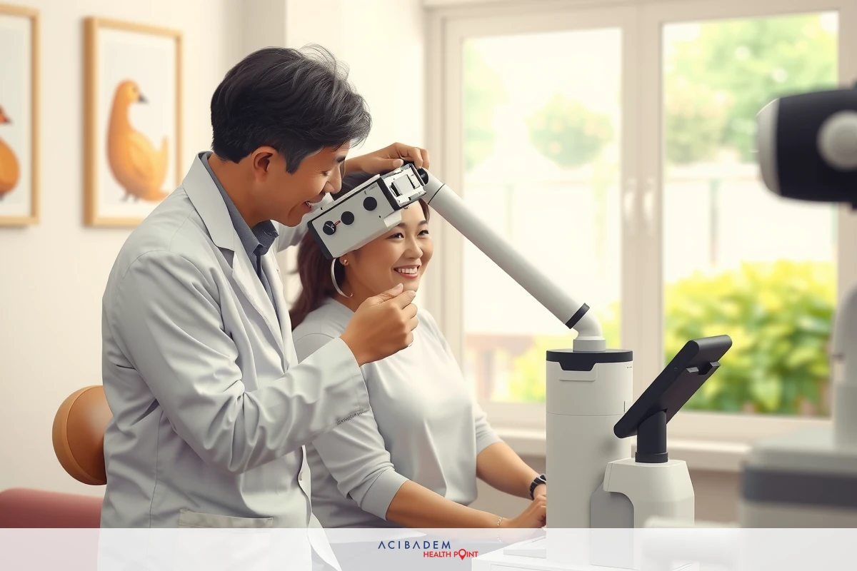The image shows a man and a woman in an indoor setting, possibly a medical office or clinic. The man appears to be assisting the woman with a procedure, likely related to vision care such as eye examination.