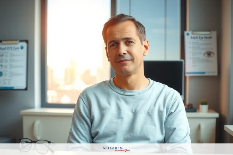The image shows a man sitting in an office environment. He is wearing a casual top and has glasses on his desk. The room has large windows allowing natural light to fill the space, suggesting it might be late afternoon or early evening.