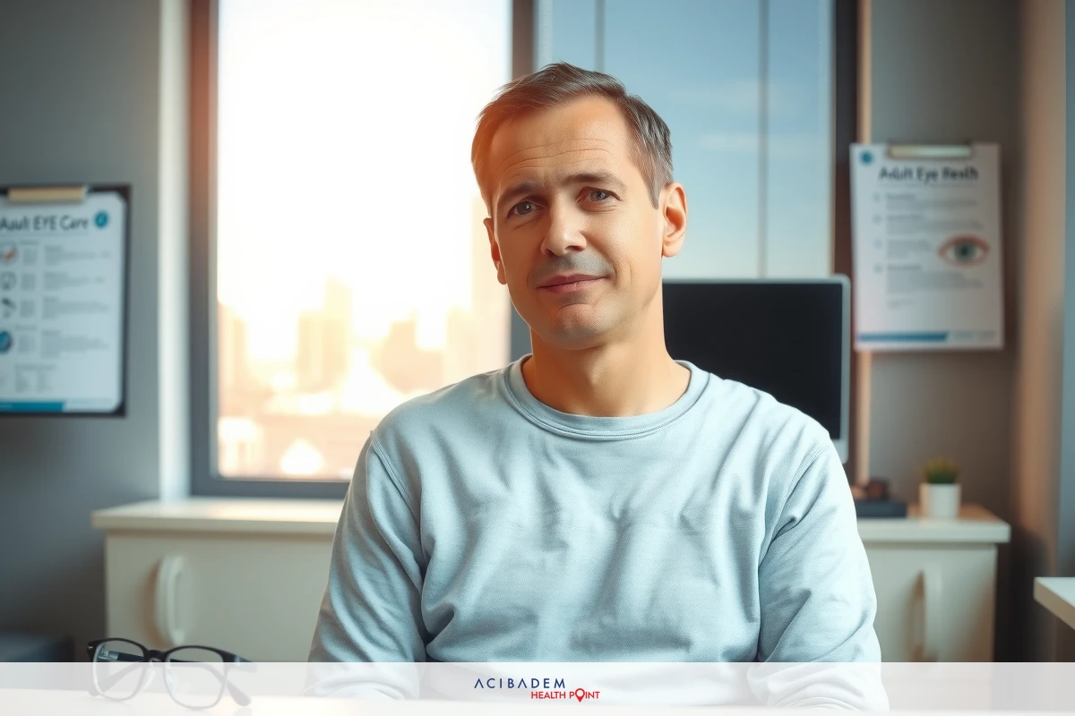 The image shows a man sitting in an office environment. He is wearing a casual top and has glasses on his desk. The room has large windows allowing natural light to fill the space, suggesting it might be late afternoon or early evening.