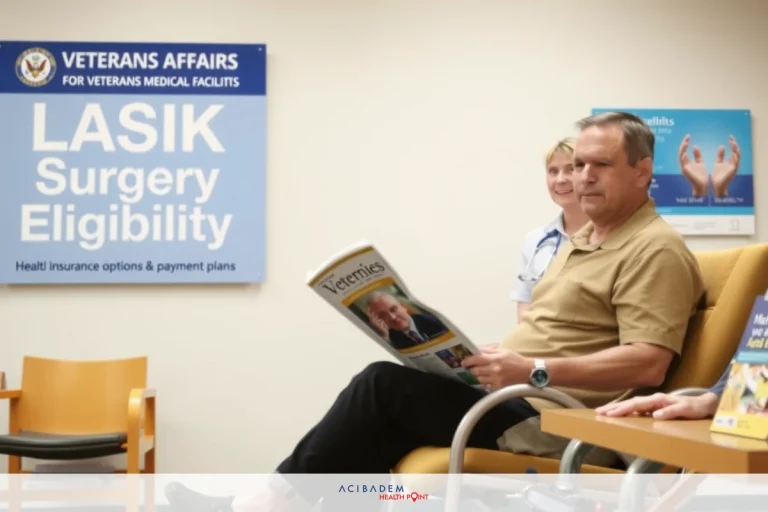 The image depicts a waiting area with a man seated in a chair reading a magazine. He is wearing casual clothing and appears to be relaxed. On the wall behind him, there are informational posters regarding Veterans Affairs services such as lasik eye surgery eligibility.