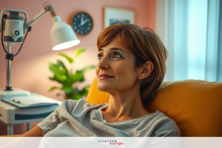 A woman is sitting in a living room. She has short hair and is wearing casual clothes, including a grey t-shirt. Her expression is one of concern or worry as she gazes off to the side with a slight frown on her face. The room around her is well-lit with soft lighting. There's a green plant, a desk with a lamp, and some books in the background. It appears to be daytime, given the natural light coming through the windows.