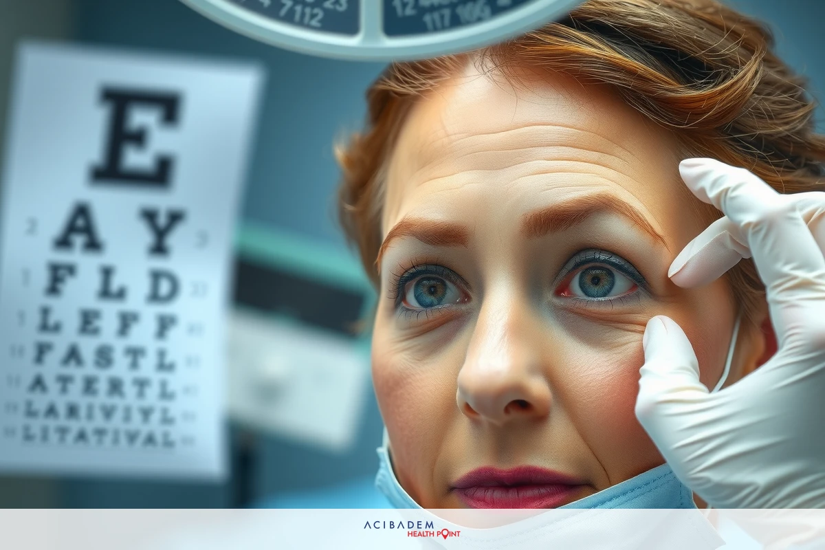 The image shows a patient, possibly getting an eye examination. The individual is wearing protective glasses and gloves, indicative of standard hygiene practices in such settings.