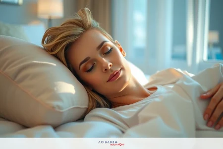 This image features a woman lying in bed, likely in a hotel room. She is wearing a white nightgown and appears to be resting or sleeping peacefully. Her eyes are closed, and she has a soft smile on her face. The lighting in the room creates a calm atmosphere, suggesting relaxation.