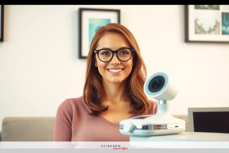 This image features a smiling woman sitting in an indoor setting, likely in a home or office. She is wearing glasses and has short hair. On the table next to her, there's a device thought to be used for eye examination. The room appears to have a modern interior with white walls.