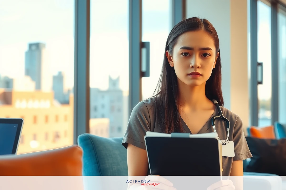A woman sits in a modern office, dressed in professional attire. She is holding a clipboard with papers on it and appears to be reviewing or checking the information.