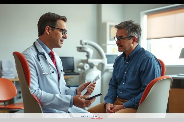 A man in a white coat and stethoscope, likely a doctor, is seated across from another man. They are engaged in conversation, possibly about medical matters. The setting appears to be an examination room or clinic, with equipment like a patient chair and a medical lamp visible.