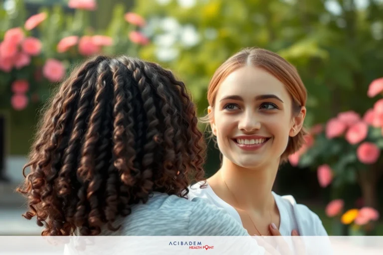 Two women embrace in an outdoor garden setting, with flowers and greenery around them. One woman has curly hair, while the other has straight hair.
