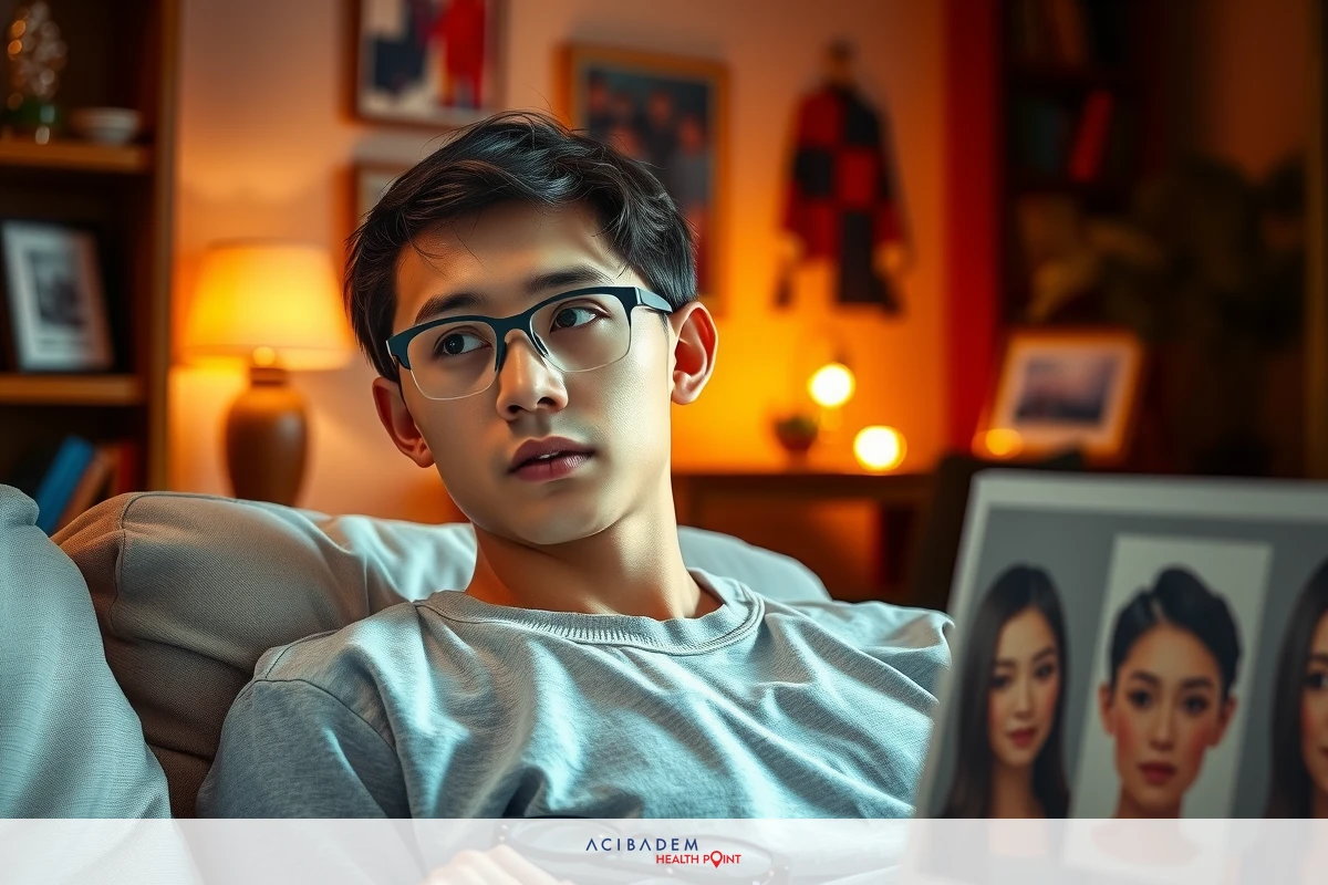 A young man is sitting on a couch wearing glasses and looking at a book with several facial images. He is in a comfortable indoor environment, possibly a living room or study area.