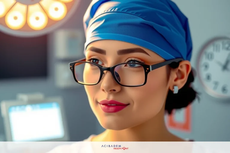 The image shows a woman wearing medical attire, including a blue surgical cap and glasses. She is looking off to the side with a focused expression on her face.