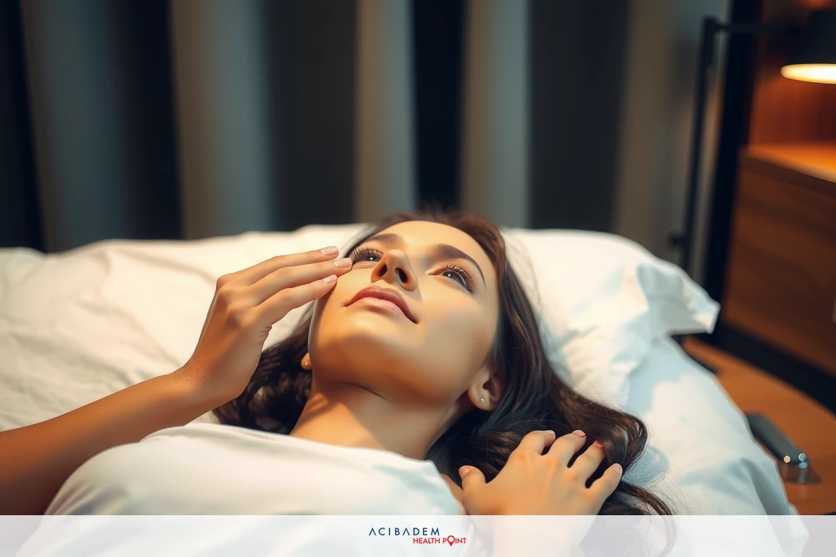 The image shows a woman lying in bed with her eyes closed, seemingly asleep. She has a serene expression on her face and is wearing a white top. The room appears to be dimly lit, suggesting it's nighttime or the lighting is low.