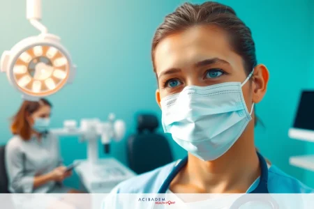A person wearing a medical mask in a professional healthcare setting, likely a doctor or nurse in an operating room.