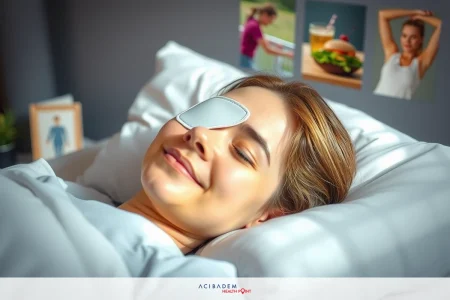 The image shows a young woman lying in bed with her eyes closed. She is smiling and has an eye patch on her right eye, suggesting she might be recovering from an injury or undergoing medical treatment.