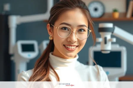 The image shows a woman in a dental office environment. She is smiling and wearing glasses. In the background, there are ophthalmologist equipment like an examination chair and various medical devices. The lighting is bright with a warm tone.