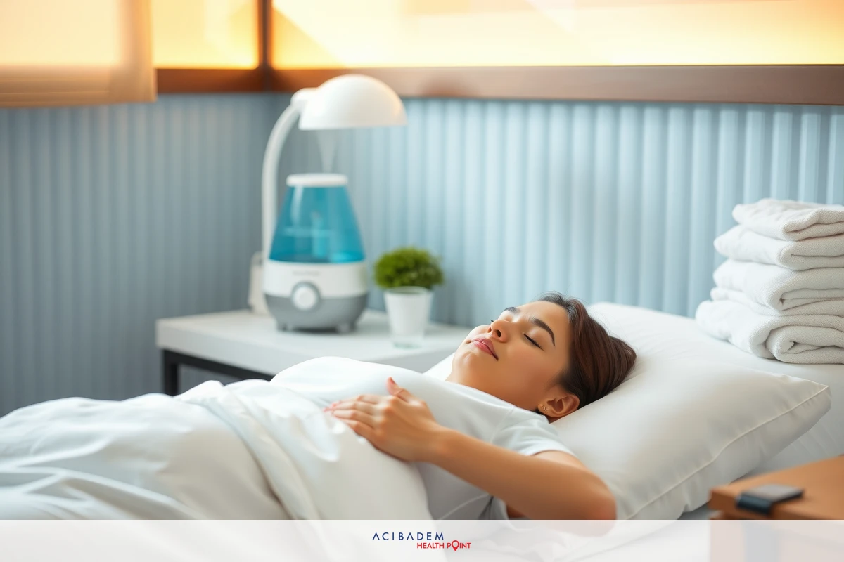 The image shows two individuals in a well-lit, modern room. One person is lying on a bed with their head resting comfortably on a pillow, eyes closed, and hands placed together on the chest in what might be a gesture of relaxation or meditation.