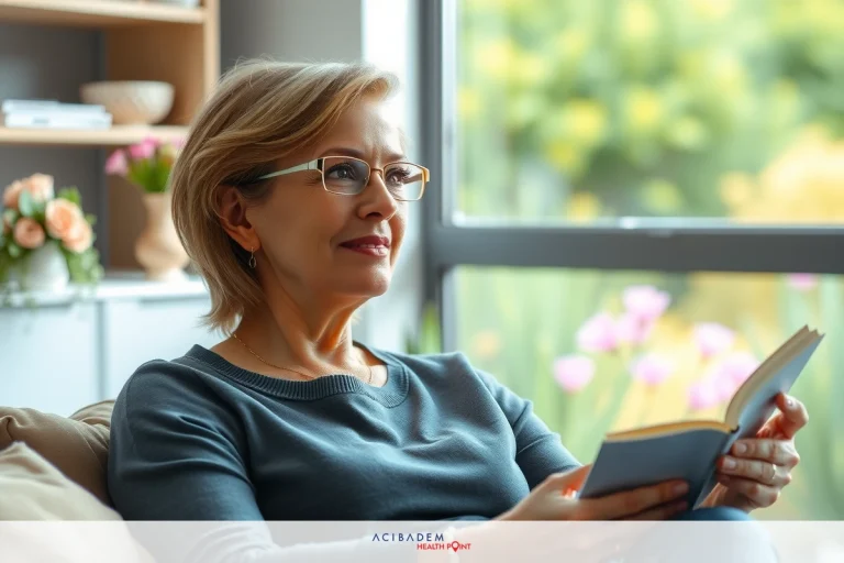 A woman sitting comfortably on a couch, wearing glasses and reading an book, set in a modern living room with natural light coming from the windows.