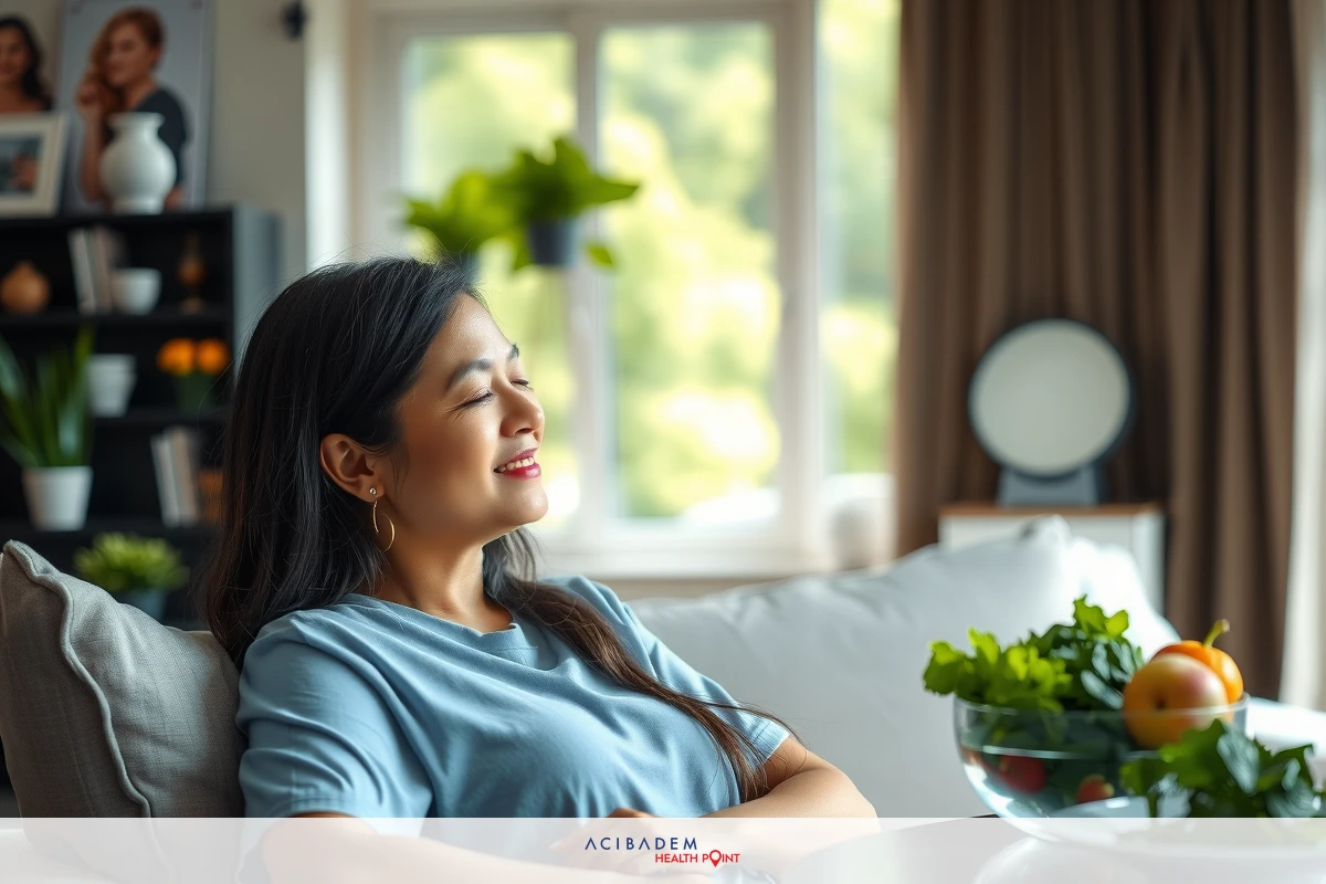 A woman seated in a living room with a large window. She is smiling, looking towards the camera with her eyes closed, wearing a casual short sleeved top, and is surrounded by natural light. The room has modern decor with plants on shelves and a variety of objects that create a homey atmosphere.