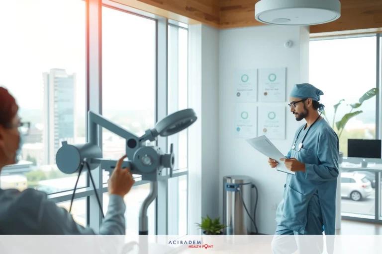 Two medical professionals in a modern office setting, with natural light and city view. One wearing scrubs is pointing to documents while the other appears to be explaining or discussing something.