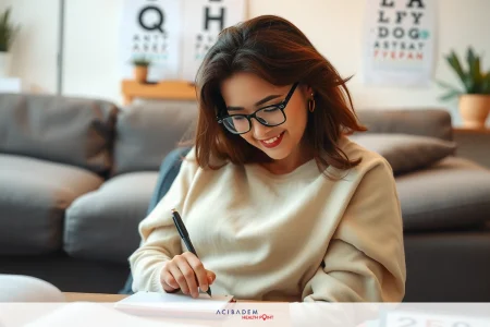 The image shows a woman in a casual office setting. She is sitting comfortably with a smile on her face, suggesting she's enjoying her work or finding the task amusing. The woman is wearing glasses and has short dark hair. In front of her, there are various papers scattered across her desk indicating some level of activity or organization. There's a couch visible in the background, adding to the relaxed atmosphere.
