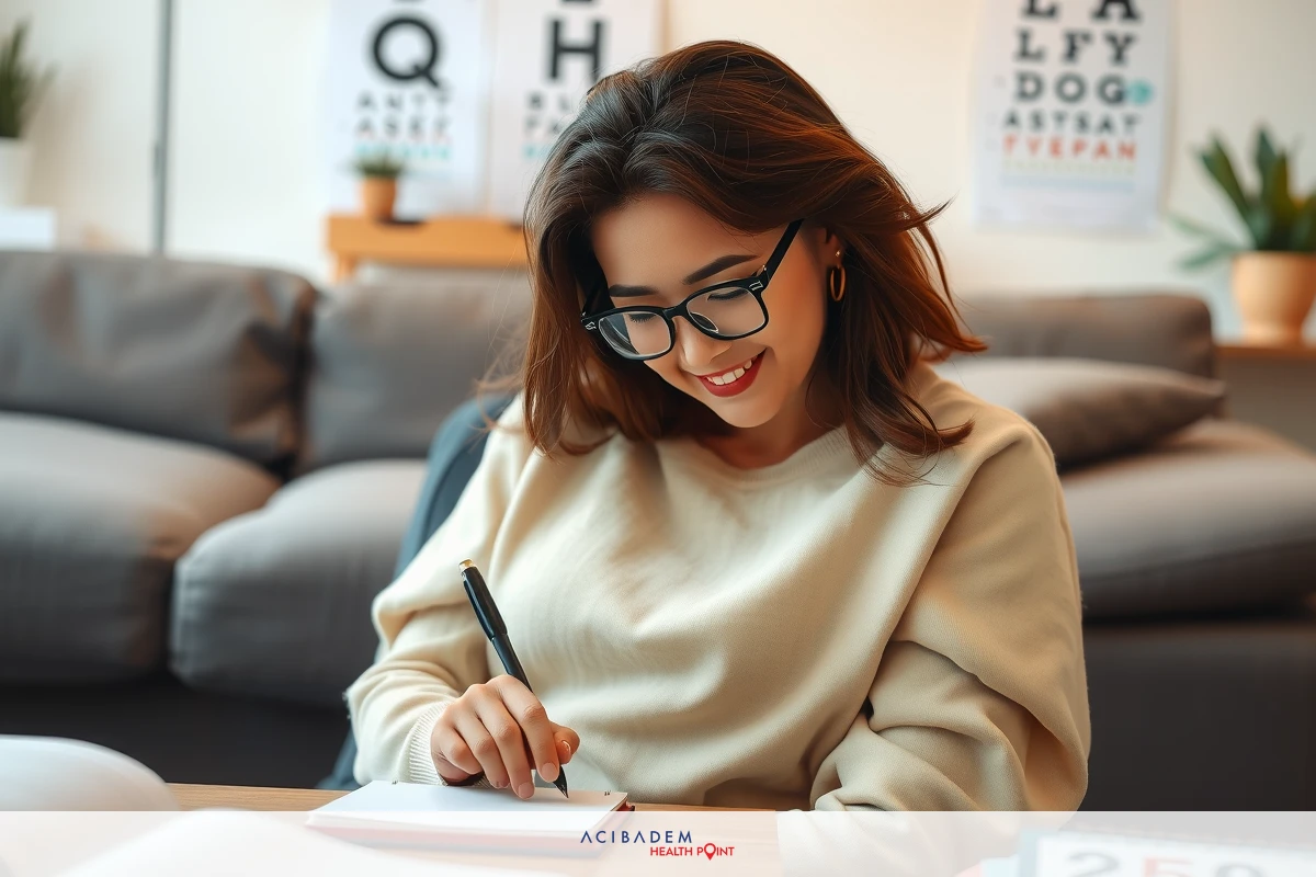The image shows a woman in a casual office setting. She is sitting comfortably with a smile on her face, suggesting she's enjoying her work or finding the task amusing. The woman is wearing glasses and has short dark hair. In front of her, there are various papers scattered across her desk indicating some level of activity or organization. There's a couch visible in the background, adding to the relaxed atmosphere.