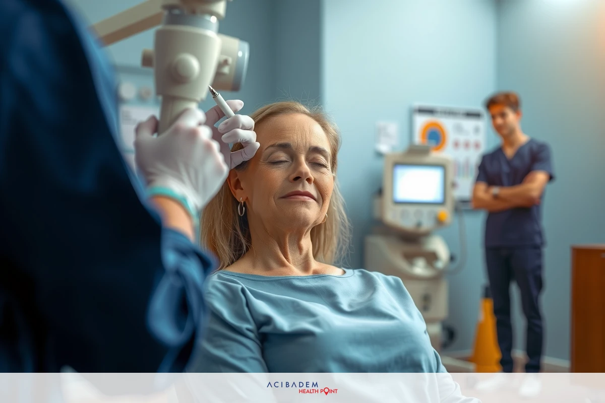 The image depicts a medical setting, with two healthcare professionals attending to a patient. The patient is seated on an examination table and appears relaxed. One professional is focused on administering a treatment while the other stands nearby, observing the procedure. The environment suggests a clinical or hospital setting, and there are medical devices visible in the background that support this context.