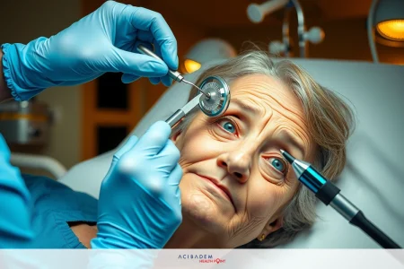 The image depicts a medical examination. A person, likely a healthcare professional due to the gloves and surgical cap, is conducting an eye exam on another individual who appears to be an elderly woman. The setting seems to be a clinic or hospital room with standard medical equipment like an ophthalmoscope.