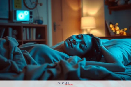 A young woman with dark hair is lying in bed, facing the camera. The environment suggests a cozy bedroom setting at night. There are blurred objects like a clock and books around her, indicating she might be reading or studying before going to sleep.