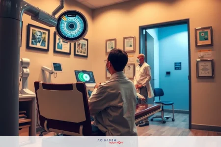 The image depicts a medical examination setting featuring a medical professional and an office environment. There is a medical screen, likely for eye exams, with a patient seated. The focus is on the medical equipment and professionals rather than aesthetic details.