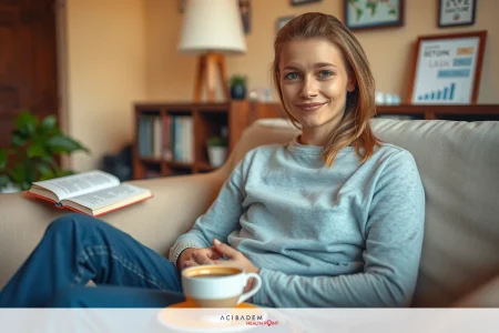 A woman relaxing on a couch, holding a cup of coffee in her hands while smiling. She is comfortably settled with a book nearby and seems to be enjoying her leisure time at home.