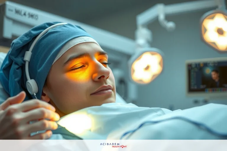 A medical scene with a patient on an operating table. The patient has surgical equipment attached and is being examined by medical personnel.