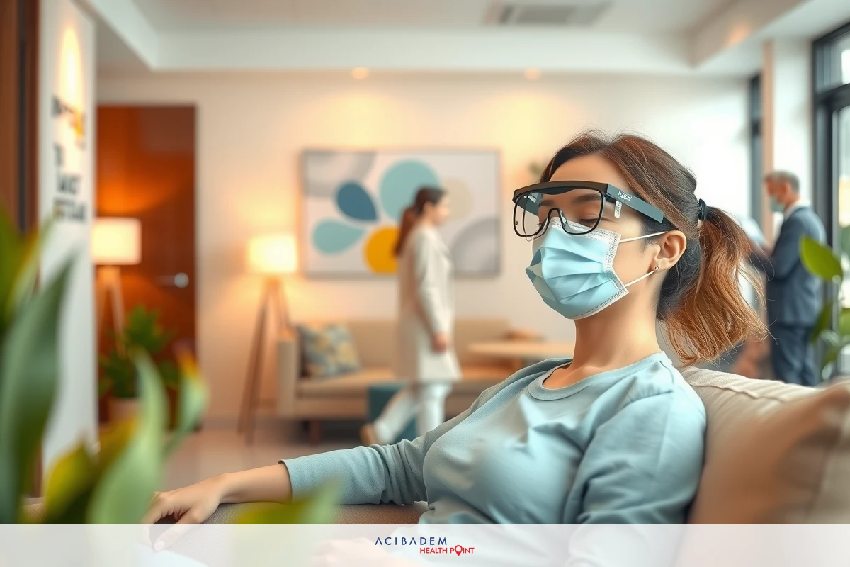 A medical professional wearing personal protective equipment, including a surgical mask and possibly goggles or glasses, sits on a couch in an office setting. The environment is clean and modern with natural light entering the room through large windows. The overall color palette is neutral with accents of color from decorative items. The context appears to be professional, likely related to medical care or health services.