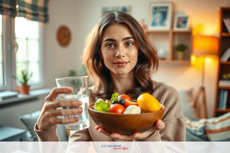Smiling woman in home setting holding bowl of healthy food with water, promoting balanced diet and lifestyle