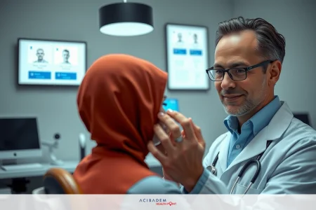 A doctor examining a patient in a modern medical office. The doctor, wearing a white lab coat and glasses, is sitting while holding the patient's face. Both individuals are engaged in conversation, with the doctor's hand resting on the patient's face. A computer monitor displaying images of facial features is visible in the background.