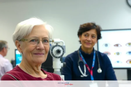 The image shows an indoor setting where a healthcare professional is interacting with an older patient. The woman, probably a doctor, is looking into the camera with a stethoscope in her hand, and the old patient with white hair is also looking into the camera.They appear to be engaged in a consultation or examination process, possibly related to eye health given the medical equipment and charts visible.