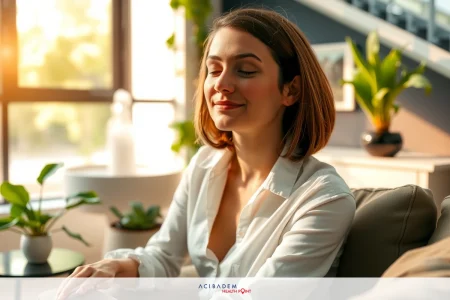 A woman in a white shirt sits on a beige couch with her eyes closed, appearing to relax or meditate. She is surrounded by green potted plants and enjoys natural light from an open window.