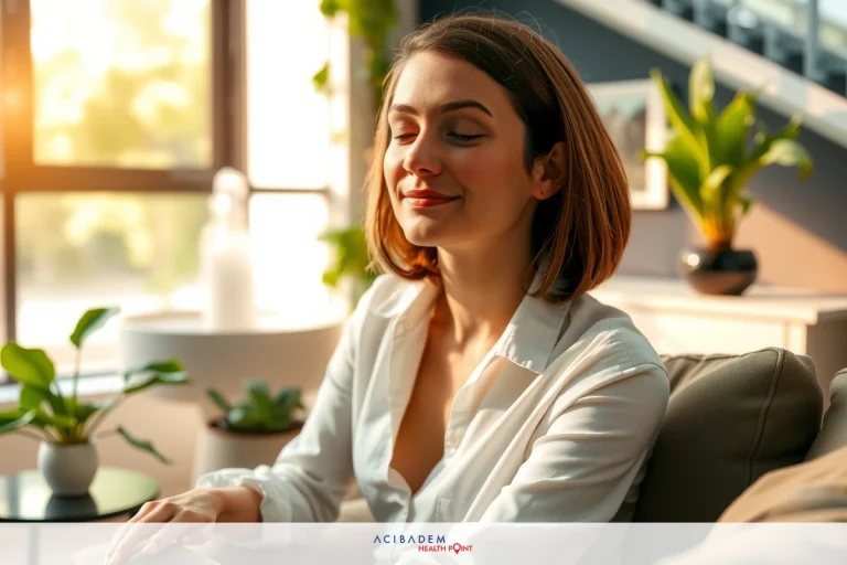 A woman in a white shirt sits on a beige couch with her eyes closed, appearing to relax or meditate. She is surrounded by green potted plants and enjoys natural light from an open window.