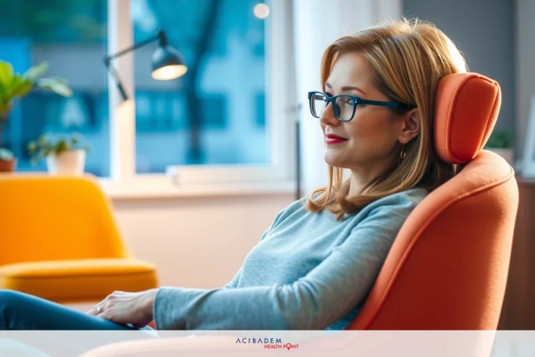A woman in a chair, smiling and wearing glasses. She has blonde hair and is in an office-like room with modern furnishings.