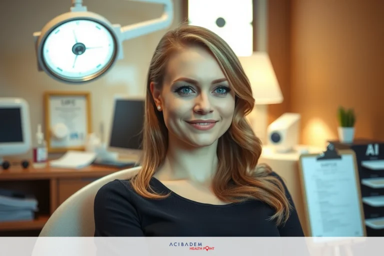 The image shows a young woman seated at a desk in an office setting. She is wearing business attire, suggesting she may be engaged in a professional or corporate environment. The office appears to be well-organized with modern technology and equipment around her, possibly indicating that this could be a medical office given the presence of a stethoscope nearby. Her expression is friendly and welcoming.