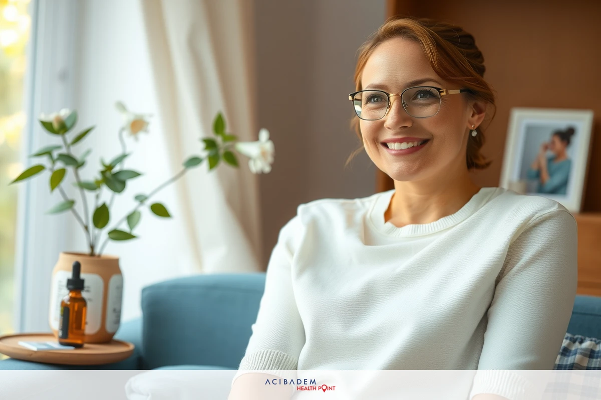 Woman smiling sitting in a living room with sunlight streaming through a window, wearing glasses and a white blouse; the room has modern decor and comfortable furnishings.