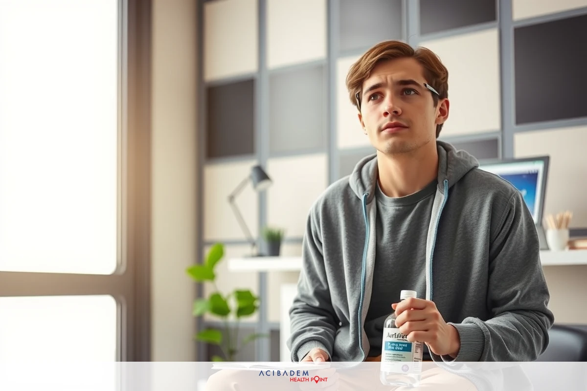 The image shows a young adult male seated at a desk in an office environment. He appears to be engaged in work or study, with a focus on the computer screen in front of him. The man is wearing a casual, comfortable outfit consisting of a gray sweatshirt and khaki pants. The office has a modern and clean design, with natural light streaming in through windows that let us know it's daytime.