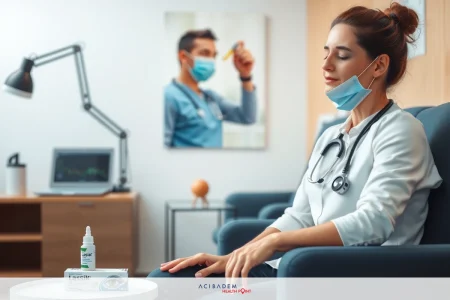 Image of a woman in medical scrubs sitting on a chair with hands clasped. She is wearing a face mask and appears to be focused or relaxing. The environment suggests an indoor office setting with a healthcare theme.