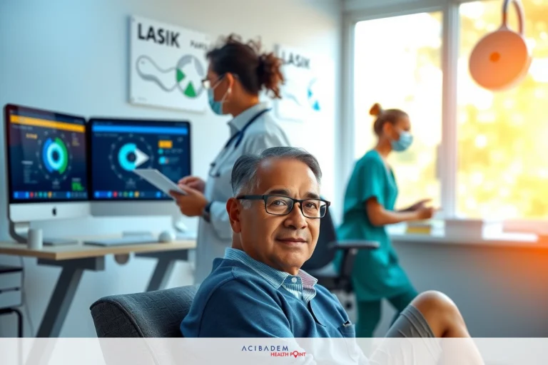 The image shows an office setting with a man seated comfortably in a chair, engaged in conversation with two medical professionals. The office environment is clean and modern with large windows allowing natural light to enter. The people are dressed in professional attire, suggesting a medical consultation or meeting.