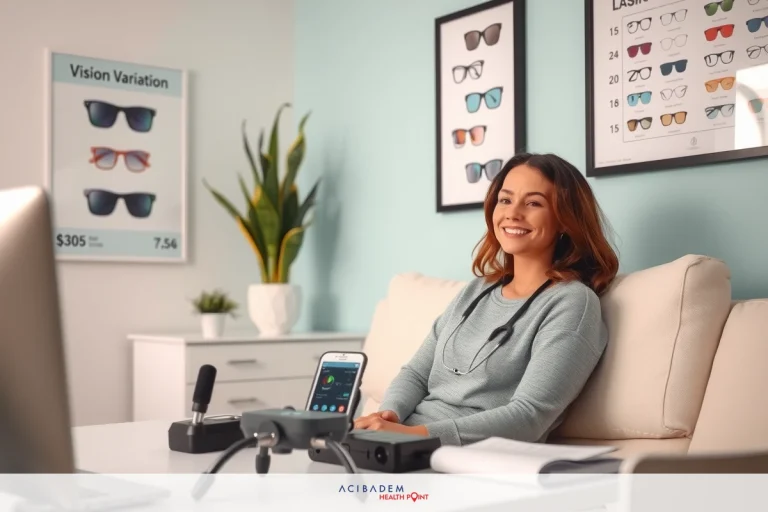 A woman smiling and using a laptop, sitting comfortably in a well-lit office with modern decor. The room has bright blue walls and is equipped with various technology devices.