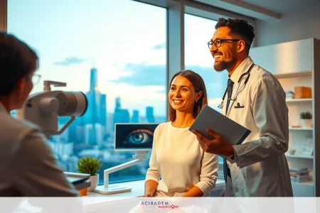 How Much Is LASIK Per an Eye This is an image showing three individuals in a modern, well-lit office with cityscape views. There are two men and one woman, all dressed professionally in business attire. One man appears to be examining the other person's eye health while holding a handheld device; he has glasses and is wearing scrubs. The woman being examined looks relaxed and seems comfortable with the process. There are no visible texts or distinguishing marks that provide specific details about the location, service offered, or branding.